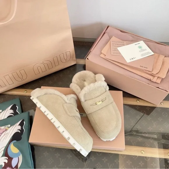 Miu Miu Beige Fur-Lined Slippers - Picture 3 of 9